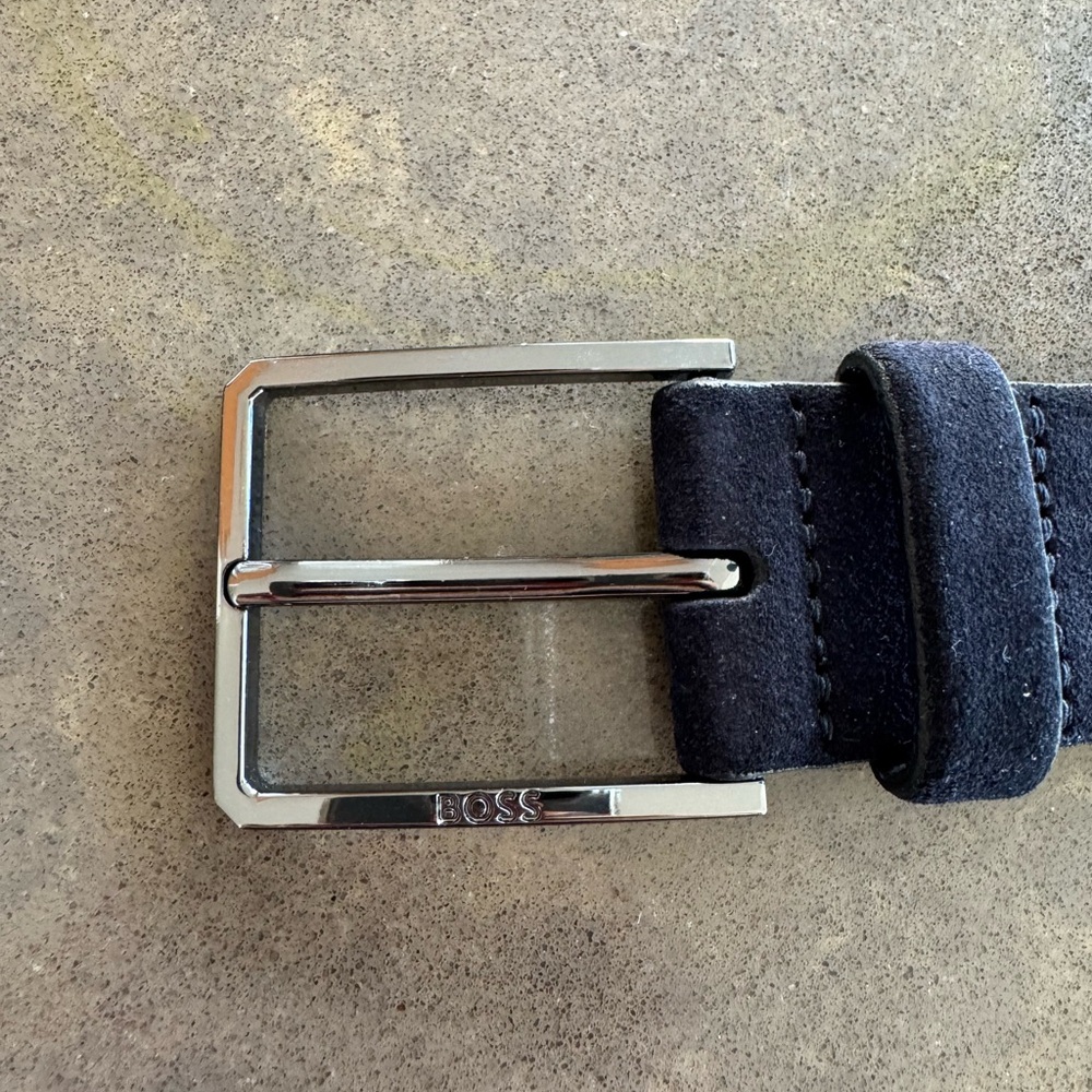 Boss Navy Leather Belt with Embossed Logo